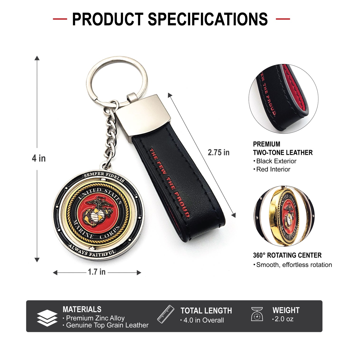 USMC Keychain, Premium Leather Marine Corps Gift