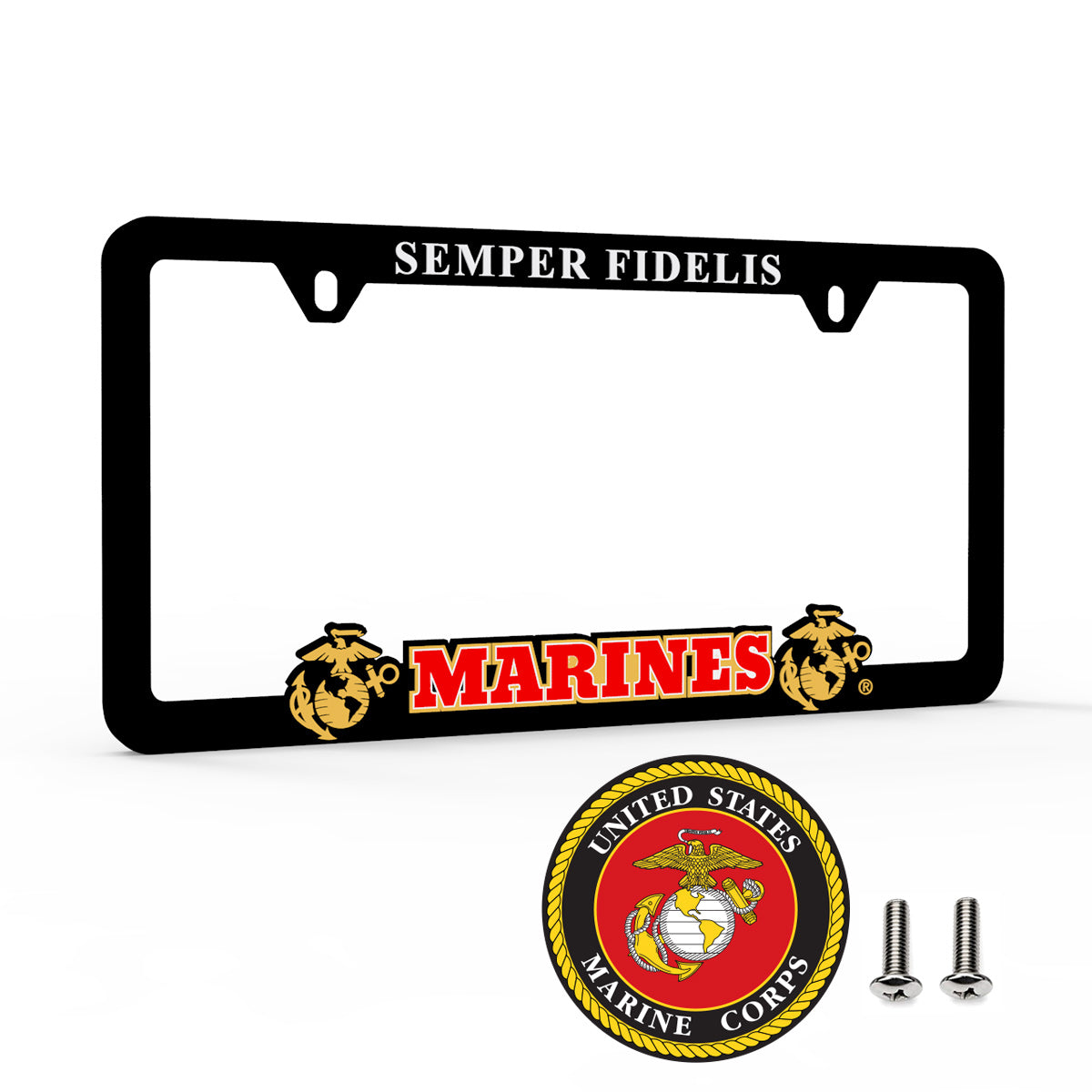 USMC Car License Plate Frame with Round Decal